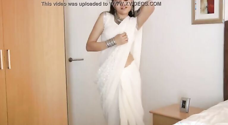 Desi College Girl Jasmine Mathur In White Desi Sari